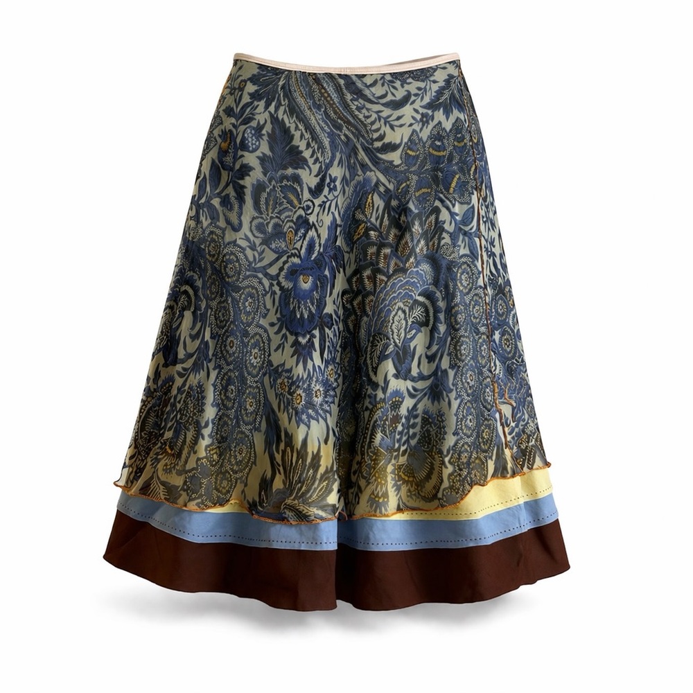 Vintage 100% Silk Floral Midi Skirt Blue Boho A-Line Y2K Women Size M/L